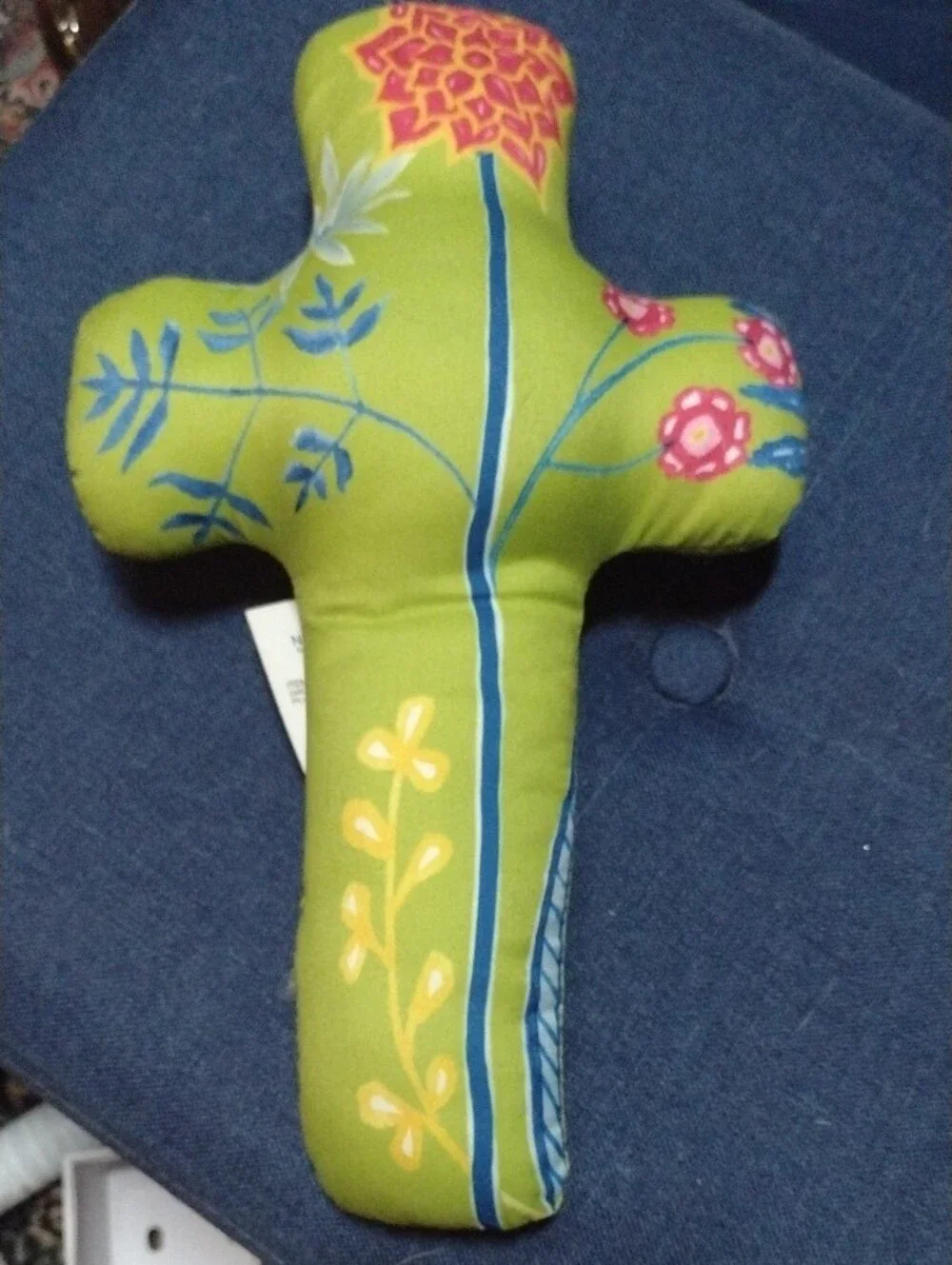 Decorative Lime Green Cross Pillow with Floral Print
